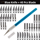 Colorful aluminum knife set with blue-handled craft knife and 40 blades