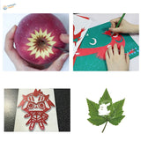 Red apple carved with yellow starburst using colorful aluminum knife sets