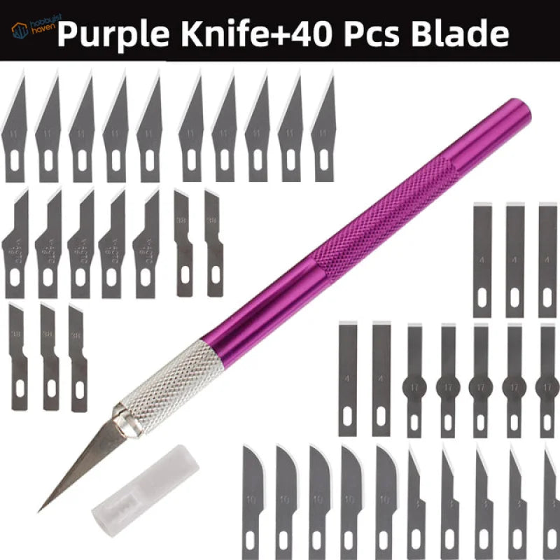 Purple-handled colorful aluminum knife set with silver blade and 40 replacements