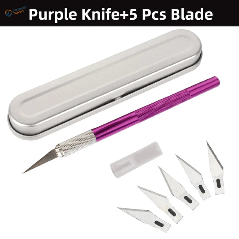 Colorful aluminum knife set with purple-handled craft knife and 5 blades