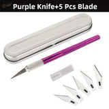 Colorful aluminum knife set with purple-handled craft knife and 5 blades