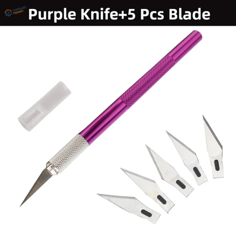 Purple colorful aluminum knife with textured grip and 5 steel blades