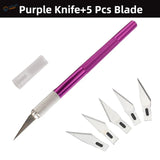 Purple colorful aluminum knife with textured grip and 5 steel blades