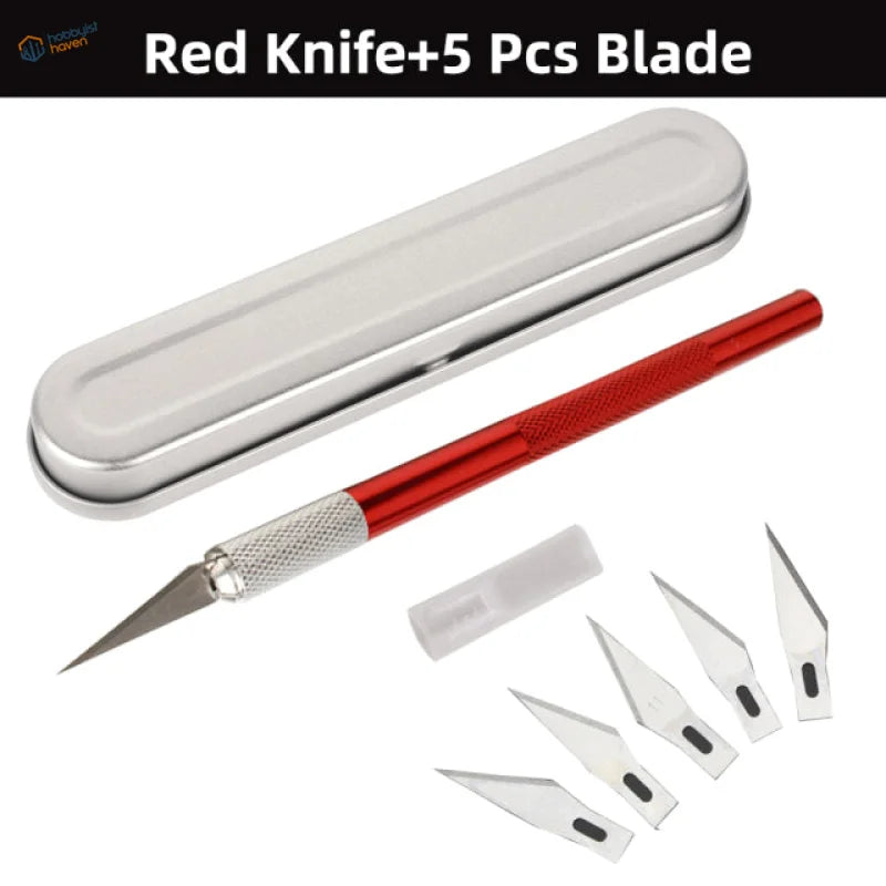 Colorful aluminum knife set with red-handled craft knife and 5 blades