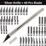 Silver craft knife with textured grip in colorful aluminum knife sets