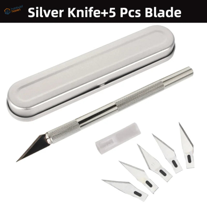 Silver utility knife with textured grip in colorful aluminum knife sets