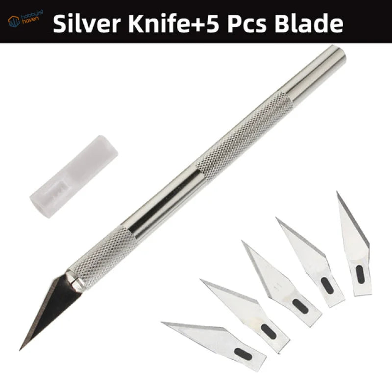 Silver precision craft knife with textured grip in colorful aluminum knife sets