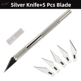 Silver precision craft knife with textured grip in colorful aluminum knife sets
