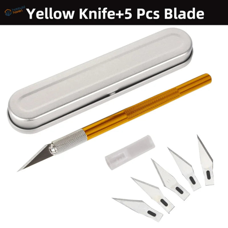 Colorful aluminum knife set with yellow-handled craft knife and 5 blades