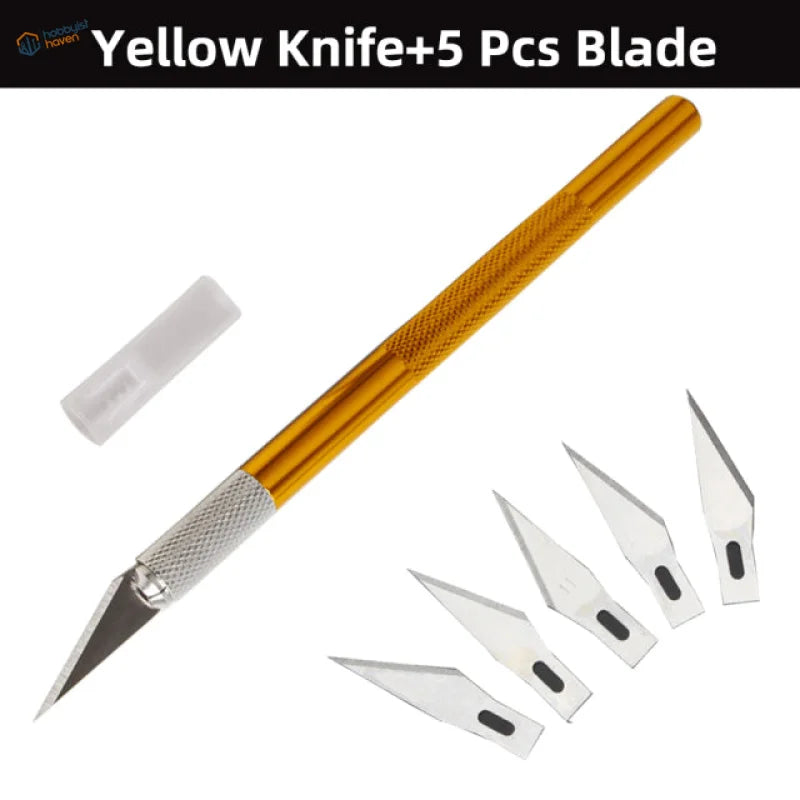 Yellow-handled craft knife in colorful aluminum knife sets with textured grip and 5 blades