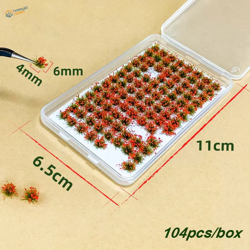 Colorful grass patches: clear container with 104 miniature red and green 6mm plants