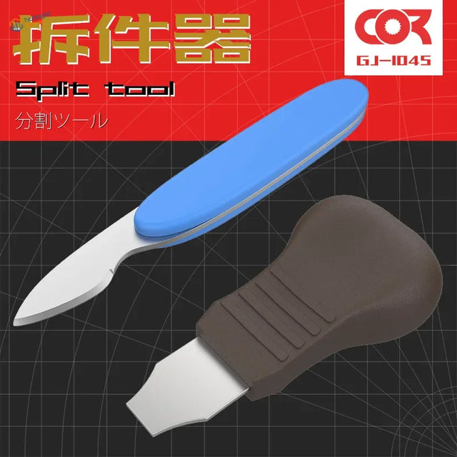 Cormake parts separator with blue handle, silver blade, brown grip