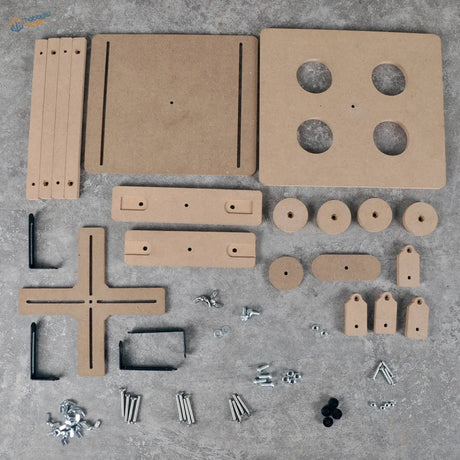 Beige wooden clamp kit with metal screws and black plastic connectors by cormake for model building tools and scale modeling tools
