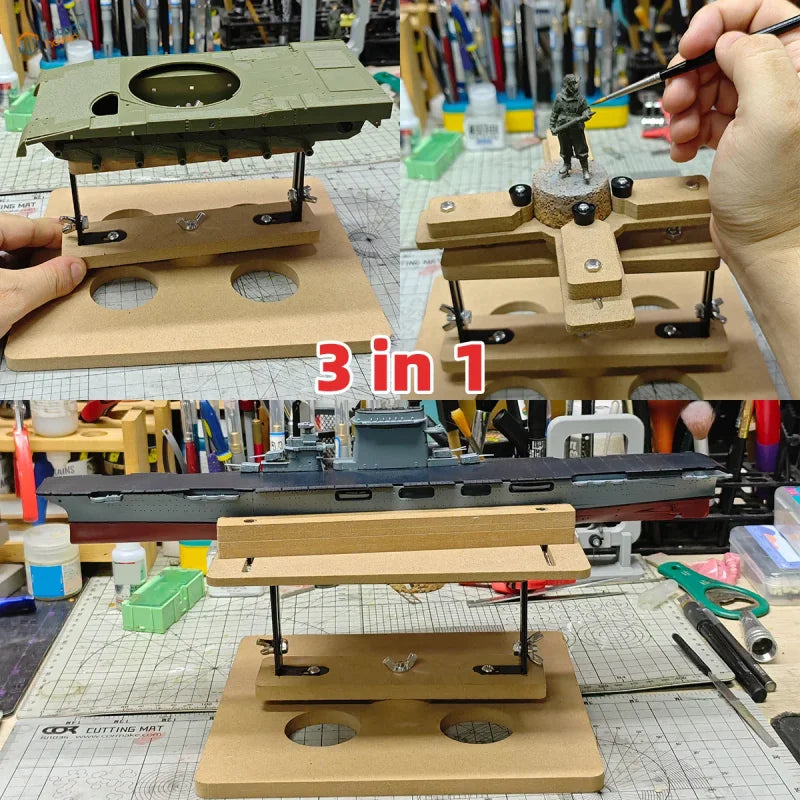 Wooden 3-in-1 model building clamp kit stand with adjustable metal legs and circular cutouts for scale modeling tools