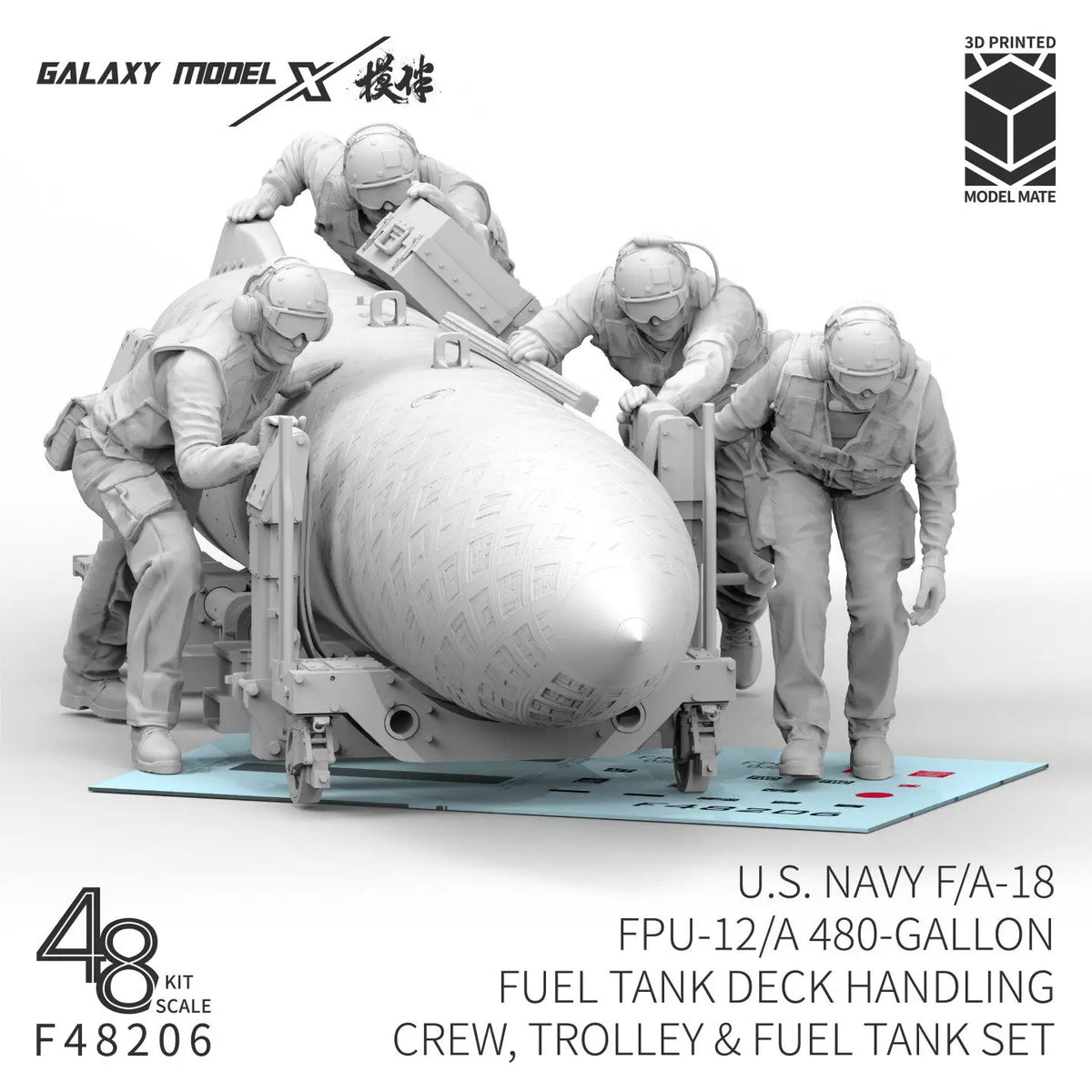 Gray 3d printed fuel tank model for galaxy 1/48 f/a-18 deck handling crew set with crew figures