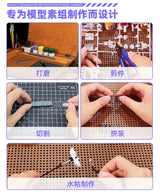 The wooden portable hobby station features tools and materials for model kit assembly with a portable hobby setup