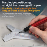 Scriber cutting a straight line along the hard edge of scribing tape applied to a white model part