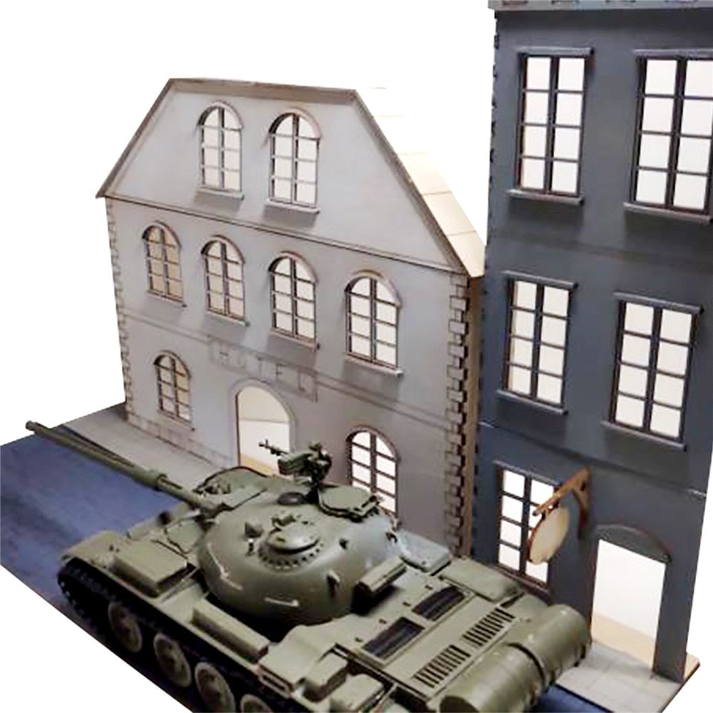 1/35 European street facades: olive green tank diorama with turret and tracks