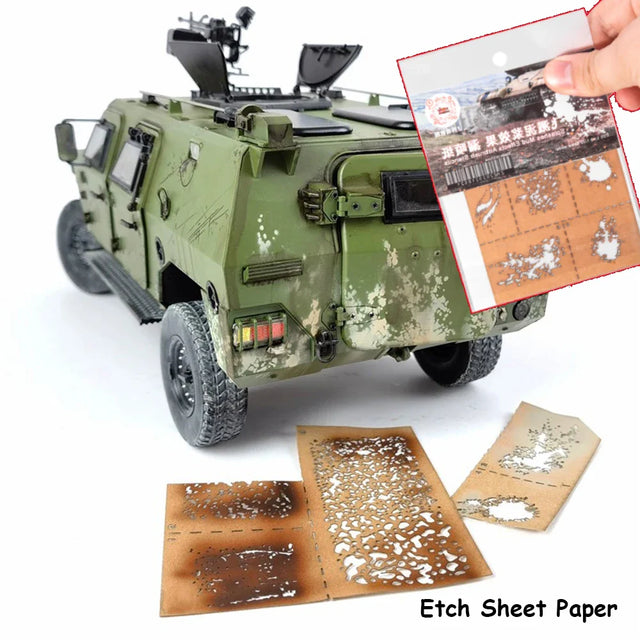 Olive green armored vehicle stencil with weathering effects for scale modeling tools