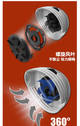 Mini desktop vacuum cleaner with white plastic body and blue spiral blades