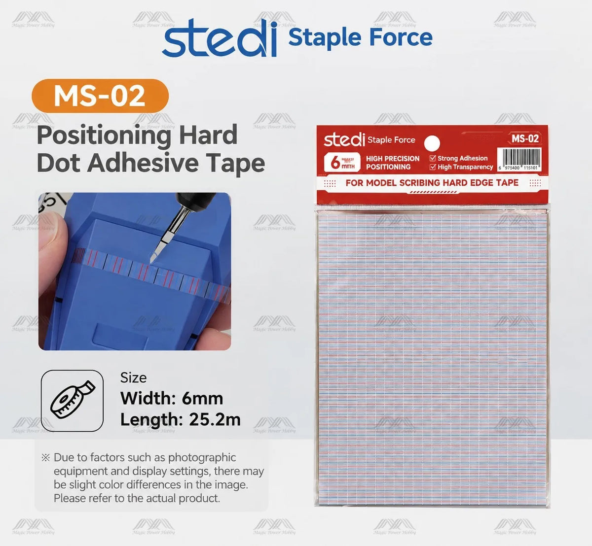 Stedi MS-02 6mm scribing tape pack, 25.2 m long, with a size diagram
