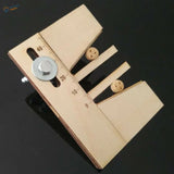 Deadeyes assembly tool: wooden alignment jig with adjustable arm, metal locking knob and two wooden deadeyes