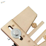 Detail of Deadeyes assembly tool: metal knob in the sliding slot, engraved scale and a 3-hole wooden deadeye