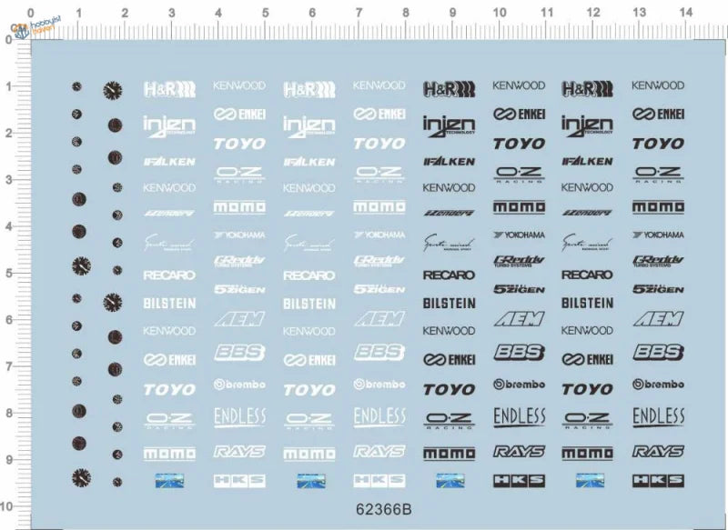 Light blue sticker sheet of car door decals with Kenwood, Toyo, Enkei logos