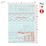 Light blue Sci-Fi Gunpla decals sheet with red white warning signs numbers symbols for precision hobby tools