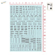Light blue Sci-Fi Gunpla decals sheet with warning signs numbers symbols for model building tools