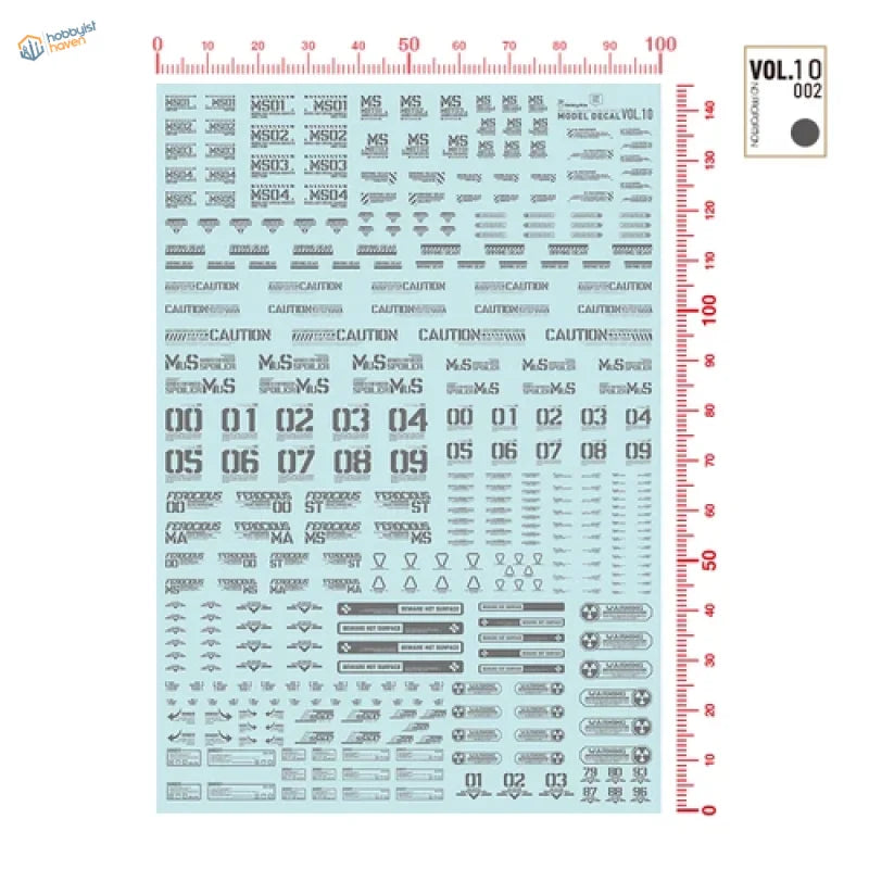 Light blue Sci-Fi Gunpla decals sheet with warning signs numbers symbols for model building tools