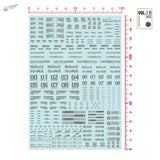 Light blue Sci-Fi Gunpla decals sheet with warning signs numbers symbols for model building tools