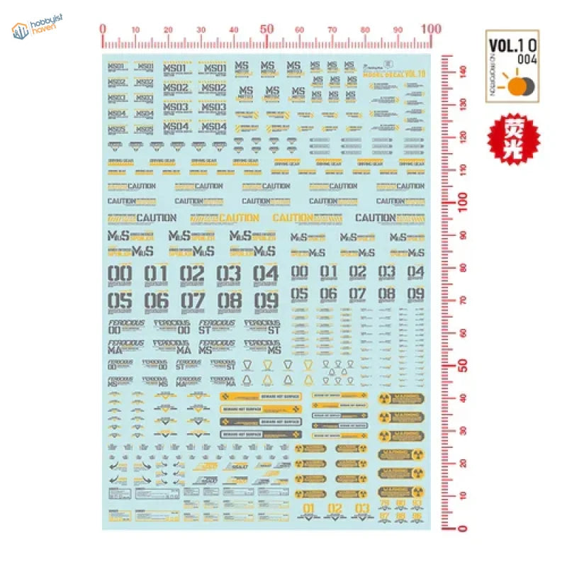 Light blue decals with yellow black Sci-Fi Gunpla symbols for scale modeling tools