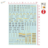 Light blue decals with yellow black Sci-Fi Gunpla symbols for scale modeling tools