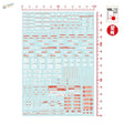 Light blue decal sheet with red white Sci-Fi Gunpla symbols for scale modeling tools