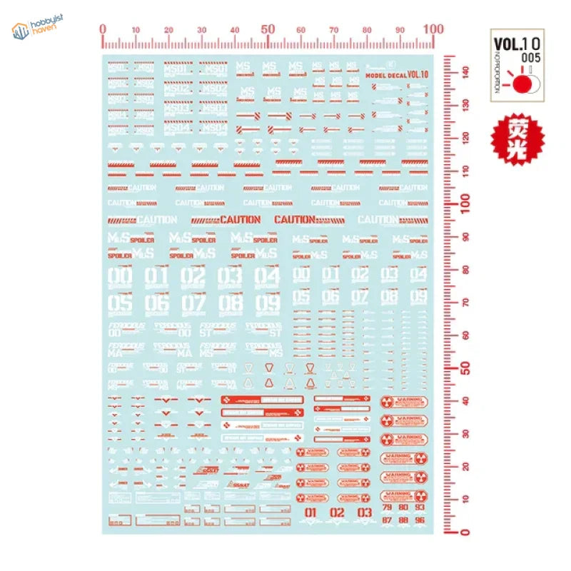 Light blue decal sheet with red white Sci-Fi Gunpla symbols for scale modeling tools