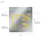 Silver stainless steel cutting template with yellow stencil patterns for professional results