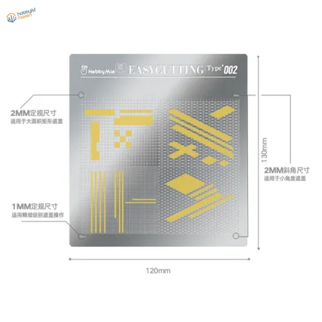 Silver stainless steel cutting template with yellow stencil patterns for professional results