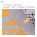 Silver stainless steel cutting template with textured grid and yellow warnings