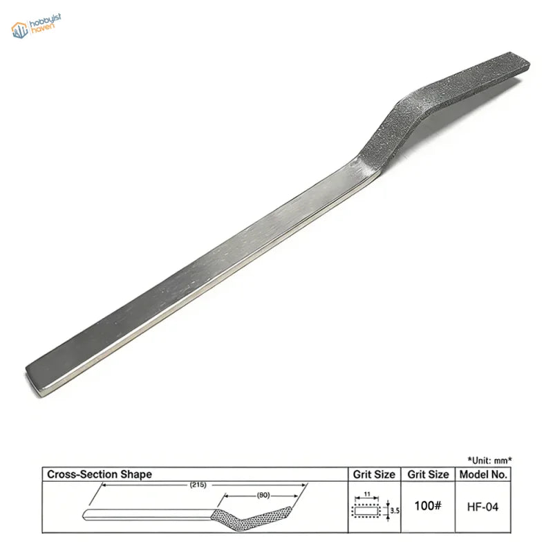 Silver metal file with diamond abrasive textured curved end and smooth handle for scale modeling tools and model building tools
