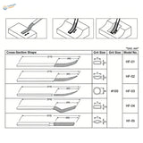 Technical diagram of hf series diamond abrasive sanding files with five shapes and 100# grit for scale modeling tools