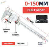 Digital vernier caliper with a sleek stainless steel dial, white face, and black markings for scale modeling