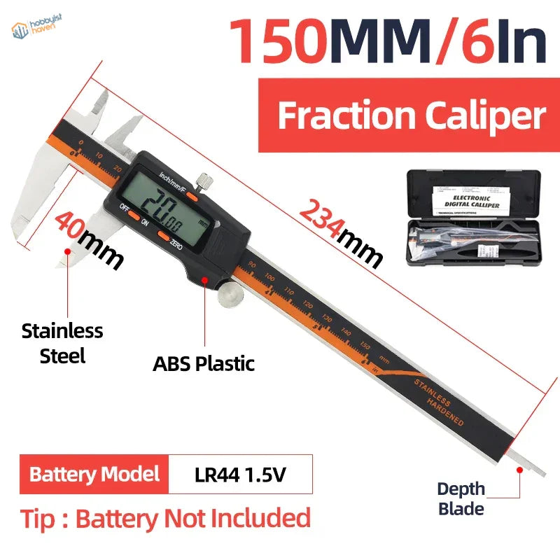 Digital vernier caliper with 150mm stainless steel jaws black abs plastic body and orange stripe for scale modeling