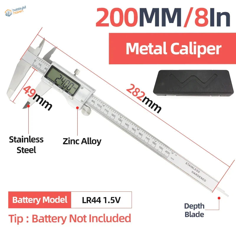 Silver digital vernier caliper with stainless steel and zinc alloy construction 200mm measuring range for scale modeling