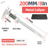 Silver digital vernier caliper with stainless steel and zinc alloy construction 200mm measuring range for scale modeling