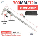 Silver digital vernier caliper made of stainless steel and zinc alloy with 300mm measuring range for scale modeling