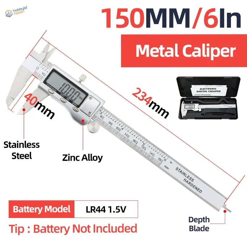 A sleek silver stainless steel digital vernier caliper with zinc alloy parts and lcd display for precise scale modeling measurements