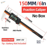 A 150mm digital vernier caliper with black and orange abs frame and stainless steel jaws for scale modeling
