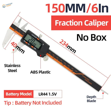 A 150mm digital vernier caliper with black and orange abs frame and stainless steel jaws for scale modeling