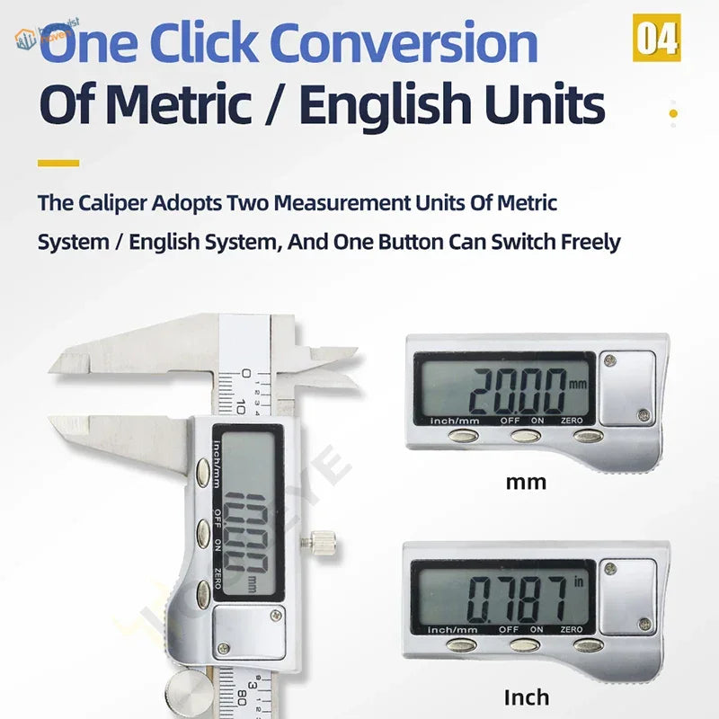 Silver digital vernier caliper with dual metric and english unit display for precise scale modeling measurements